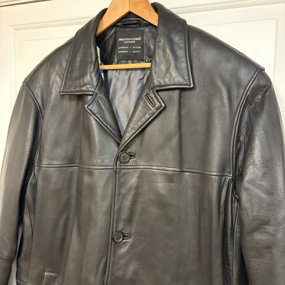 Pronto‎ Uomo Mens XXL Black Leather Jacket Mid Length Overcoat Collar Pockets - Picture 12 of 12